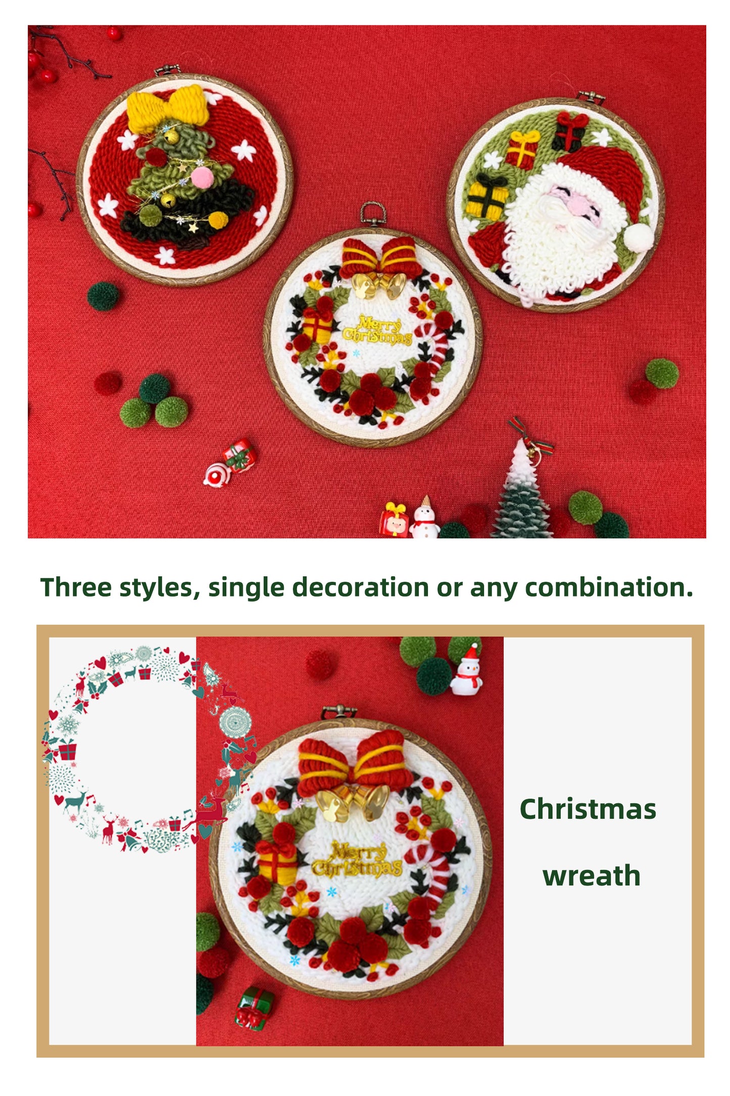 Christmas Punch Needle Kit - Punch Needle Embroidery Kits for Adults Beginner DIY Craft Supplies with Patterns and Yarns Tools Punch Stitching Kit with Hoop Holder